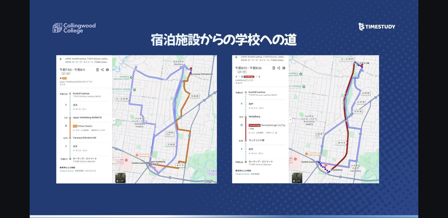 宿泊施設から学校への通学ルート